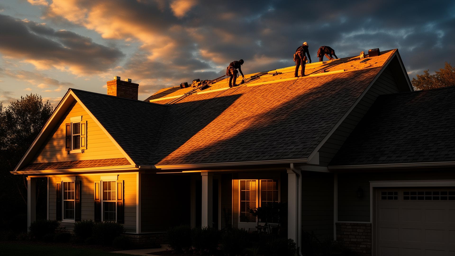 Roofers installing shingles at sunset